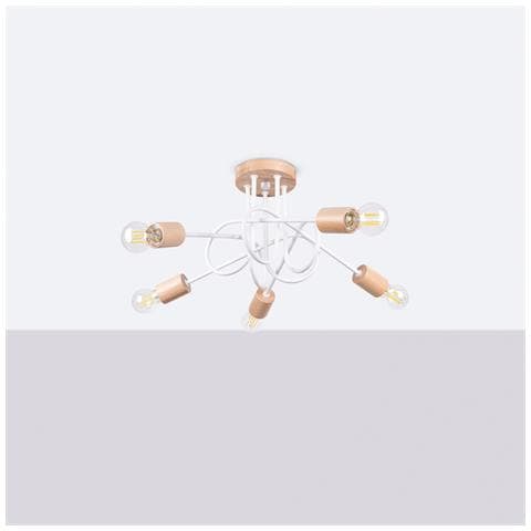 Lampadario Ember 5 Bianco Sl. 1475 - Minimalista Lampadario Bianco /legno Naturale 26x15x61 Cm - Foto 2