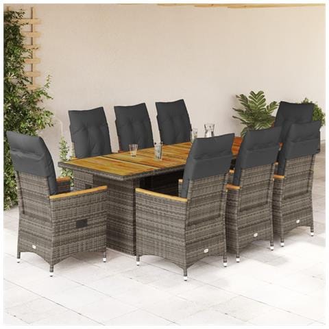 Set Bistrò Da Giardino 9 Pz Con Cuscini In Polyrattan Grigio - Foto 1