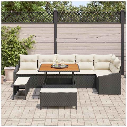 Set di divani da giardino  a 9 pezzi con cuscini Nero Polyrattan Acacia, Divano da giardino a 2 posti  con spazio di archiviazione e cuscini Nero Polyrattan, Set di pranzo da giardino a 3 pezzi con cuscini Nero Polyrattan Acacia - Foto 2