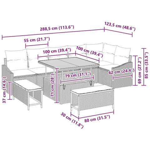 Set di divani da giardino  a 9 pezzi con cuscini Nero Polyrattan Acacia, Divano da giardino a 2 posti  con spazio di archiviazione e cuscini Nero Polyrattan, Set di pranzo da giardino a 3 pezzi con cuscini Nero Polyrattan Acacia - Foto 9