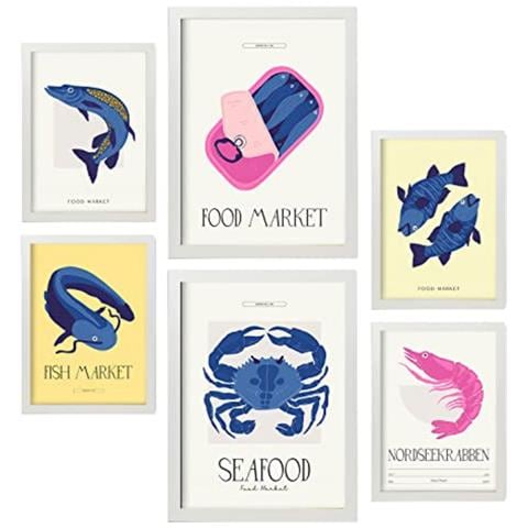 Set Di 6 Stampe Mercato Alimentare E Nutrizionale In Riva Al Mare Stampe Naturalistiche E Botaniche Per L'interior Design A3 & A4 Cornice Bianca - Foto 1