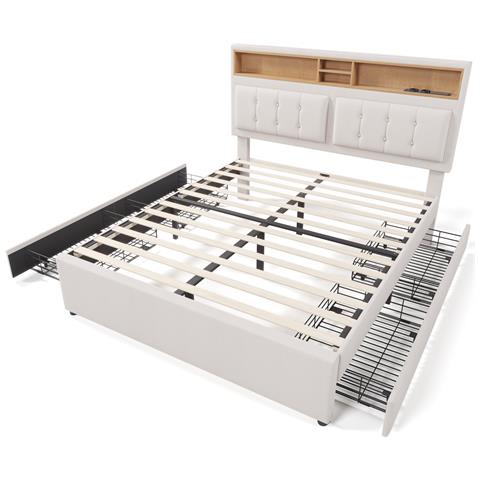 Letto In Lino Beige Con Testiera Regolabile E Quattro Cassetti Su Ruote Pratici - Foto 1