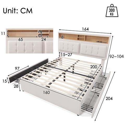 Letto In Lino Beige Con Testiera Regolabile E Quattro Cassetti Su Ruote Pratici - Foto 2