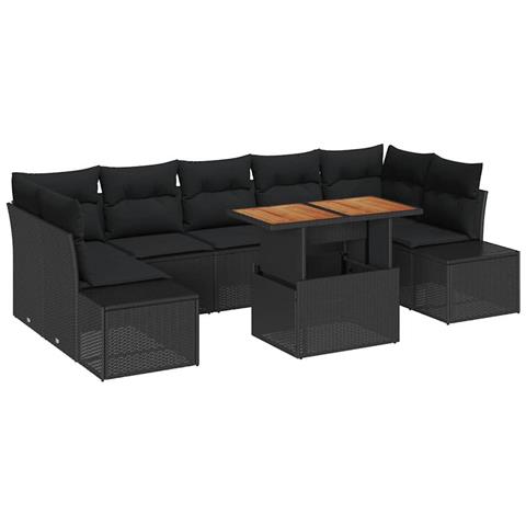 Set da pranzo da giardino 8 pezzi con cuscini in polyrattan nero e acacia - Foto 1