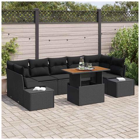 Set da pranzo da giardino 8 pezzi con cuscini in polyrattan nero e acacia - Foto 2