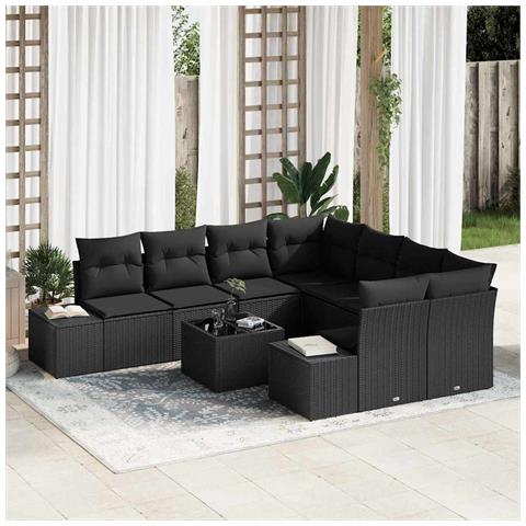 Set di divani da giardino 9 pezzi con cuscini in rattan poligonale nero - Foto 2