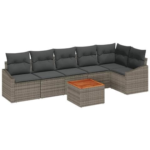 Set Divano da Giardino 7 Pezzi con Cuscini Grigio Poly Rattan Acacia - Foto 1