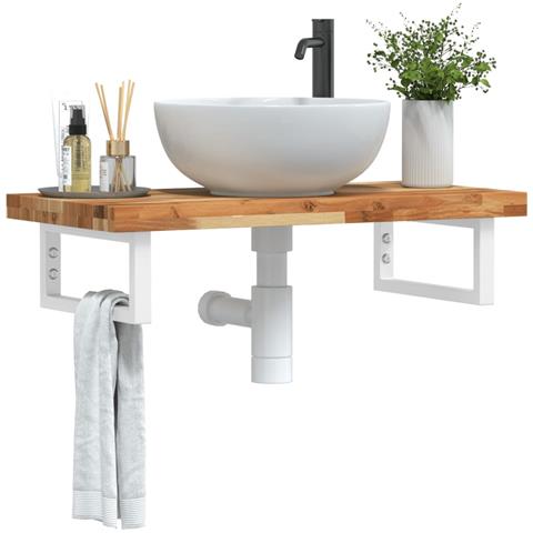 Ripiano a Parete per Lavabo in Acciaio e Massello di Acacia - Foto 2