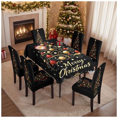 Set Decorativo Natalizio: Tovaglia E Coprisedie - Sfondo Nero - Foto 2