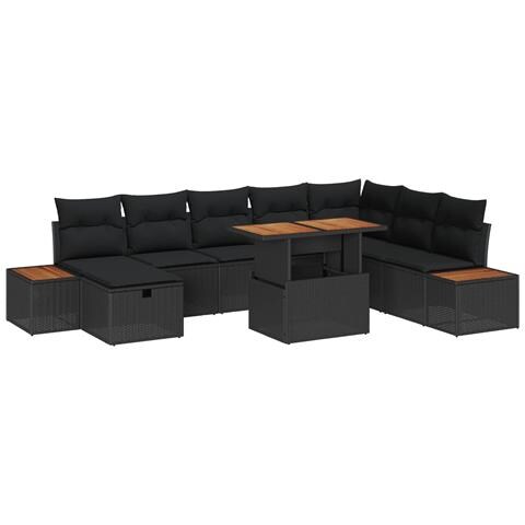 Set Divano da Giardino con cuscino 9 pcs Nero polyrattan - Foto 1