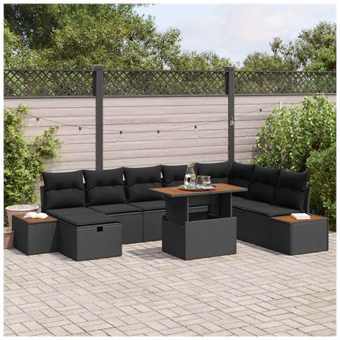 Set Divano da Giardino con cuscino 9 pcs Nero polyrattan - Foto 2