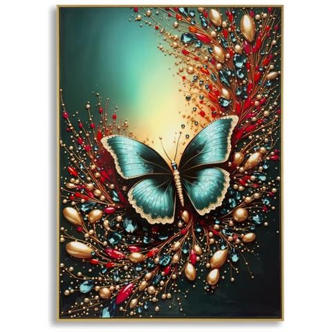 Stampa Su Tela Laccata Butterfly Modello B Farfalla Turchese Con Ramaglie Con Cornice Oro - Foto 1