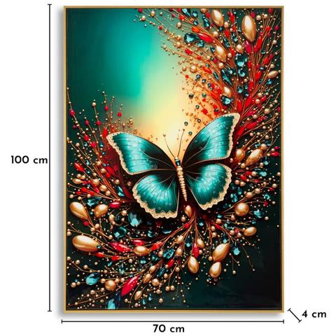 Stampa Su Tela Laccata Butterfly Modello B Farfalla Turchese Con Ramaglie Con Cornice Oro - Foto 7
