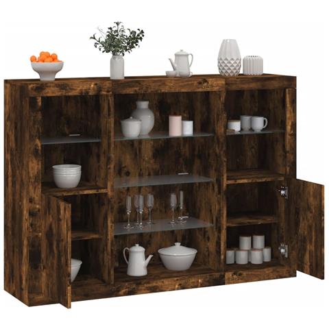 Credenze Con Luci Led 3 Pz Rovere Fumo In Legno Multistrato - Foto 1
