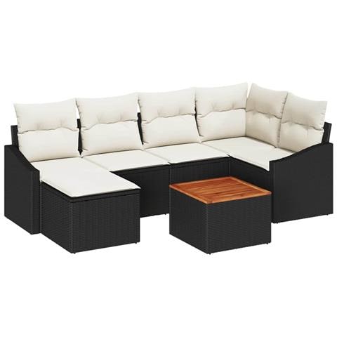 Set di Divani da Giardino di 7 Pezzi con Cuscini Nero Polirattan Acacia - Foto 1