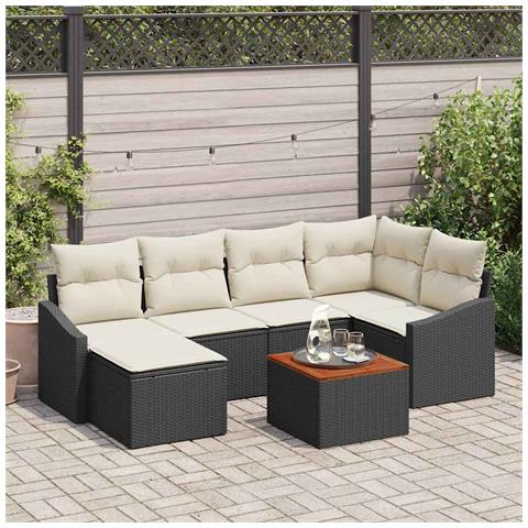 Set di Divani da Giardino di 7 Pezzi con Cuscini Nero Polirattan Acacia - Foto 2