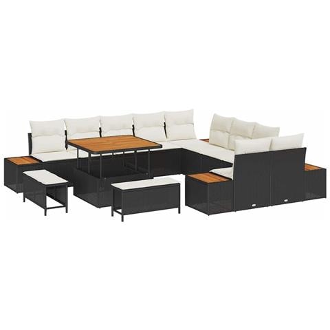 Set Divano da Giardino con 13 Pezzi, Cuscini Nero, Poly Rattan, Acacia, Set da Pranzo da Giardino con 3 Pezzi, Cuscini Nero, Poly Rattan, Acacia - Foto 1