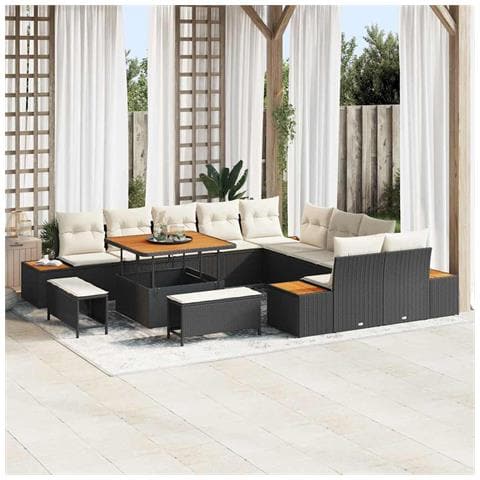 Set Divano da Giardino con 13 Pezzi, Cuscini Nero, Poly Rattan, Acacia, Set da Pranzo da Giardino con 3 Pezzi, Cuscini Nero, Poly Rattan, Acacia - Foto 2