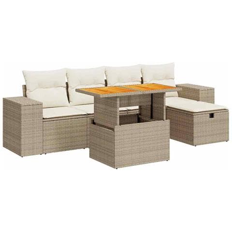 Set Divano da Giardino 6 pz con Cuscini Beige Polyrattan Acacia - Foto 1