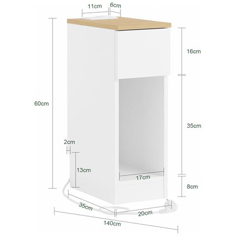 Sobuy Comodino Stretto Con Larghezza Di 20 Cm, Tavolo Ausiliario Con Cassetto, Comodino Con Porte Usb, Per Camera Da Letto E Soggiorno, Colore Bianco E Legno, Dimensioni 20 X 35 X 60 Cm Fbt111-e-wn - Foto 2