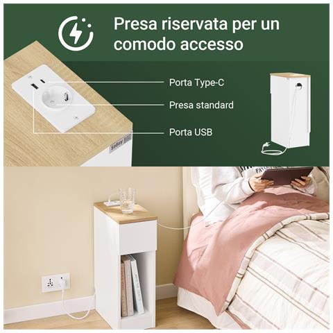 Sobuy Comodino Stretto Con Larghezza Di 20 Cm, Tavolo Ausiliario Con Cassetto, Comodino Con Porte Usb, Per Camera Da Letto E Soggiorno, Colore Bianco E Legno, Dimensioni 20 X 35 X 60 Cm Fbt111-e-wn - Foto 8