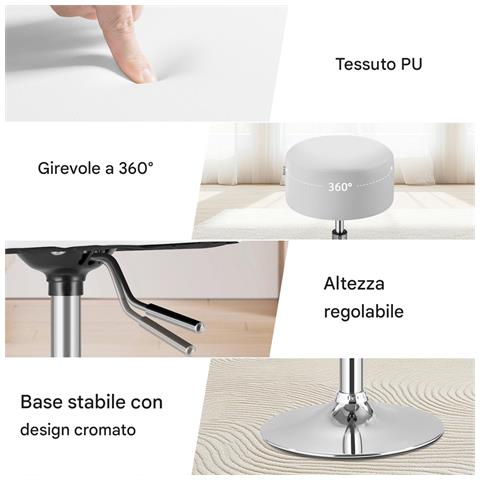 Sgabello Make Up Toeletta Seduta Comoda Sgabellino Rotante Bianco Portata 130kg - Foto 2