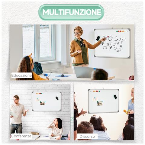 Lavagna Magnetica Da Parete Con Gomma, Pennarelli E Magneti, In Alluminio, 60x1.8x45 Cm, Bianco - Foto 2