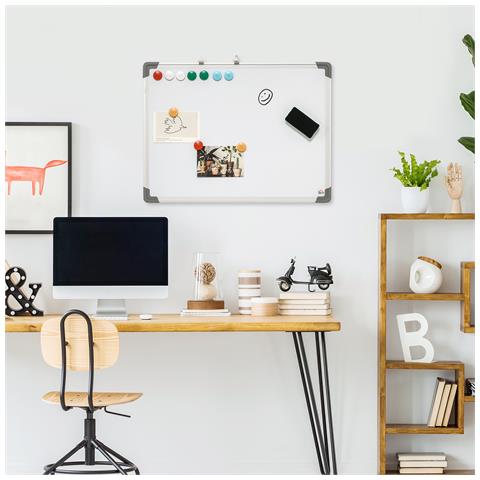 Lavagna Magnetica Da Parete Con Gomma, Pennarelli E Magneti, In Alluminio, 60x1.8x45 Cm, Bianco - Foto 6