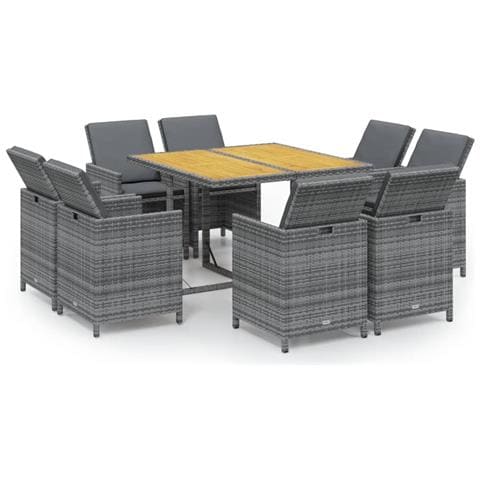 Set Pranzo da Giardino 9 pz con Cuscini in Polyrattan Grigio - Foto 1