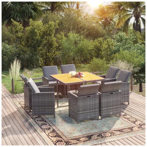 Set Pranzo da Giardino 9 pz con Cuscini in Polyrattan Grigio - Foto 2