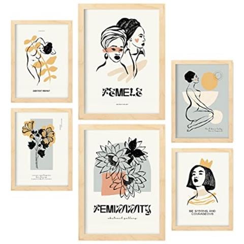 Set Di 6 Stampe Stampe Artistiche In Stile Schizzo Di Femminilità Con Inchiostro Nero Per L'interior Design A3 & A4 Telaio In Legno Chiaro - Foto 1
