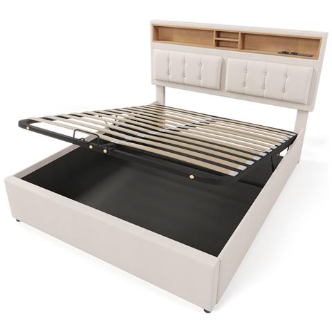 Letto Matrimoniale In Lino Beige Con Testiera Regolabile E Presa Usb Integrata - Foto 3