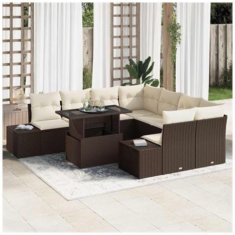 Set di divani da giardino 9 pezzi con cuscini marrone in polyrattan - Foto 2