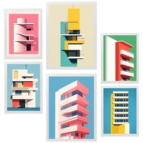 Set Di 6 Stampe Quadro Bauhaus Rosa Con Illustrazioni Di Design Per Decorare Le Pareti Della Tua Casa. Negozio Di Pittura. A3 & A4 Cornice Bianca - Foto 1