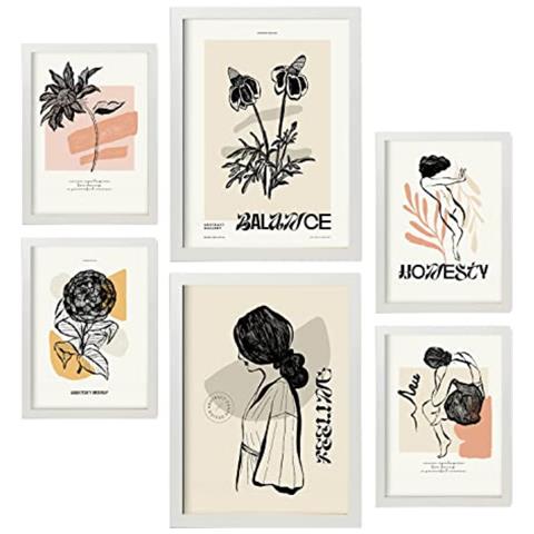 Set Di 6 Stampe Stampe Artistiche In Stile Schizzo Con Sentimenti Di Inchiostro Nero Per L'interior Design A3 & A4 Cornice Bianca - Foto 1