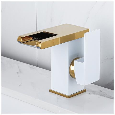 Rubinetto per lavabo da bagno, Blackswan, tipo M243, modello corto bianco /oro con bocca a cascata e LED, misura 12,5 cm - Foto 4