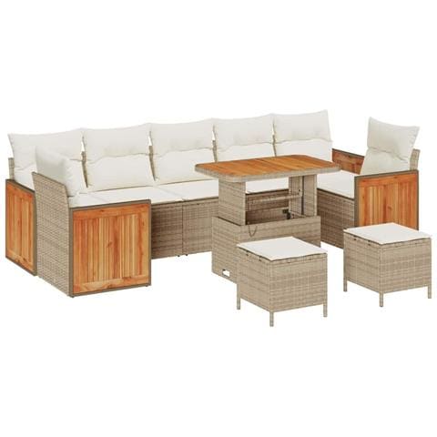 Set di divani da giardino  con cuscini beige in polyrattan e acacia, Divano da giardino a 2 posti  con cuscini beige in polyrattan, Set da pranzo da giardino a 3 pezzi con cuscini beige in polyrattan e acacia - Foto 1