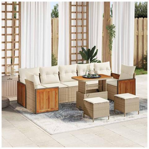 Set di divani da giardino  con cuscini beige in polyrattan e acacia, Divano da giardino a 2 posti  con cuscini beige in polyrattan, Set da pranzo da giardino a 3 pezzi con cuscini beige in polyrattan e acacia - Foto 2