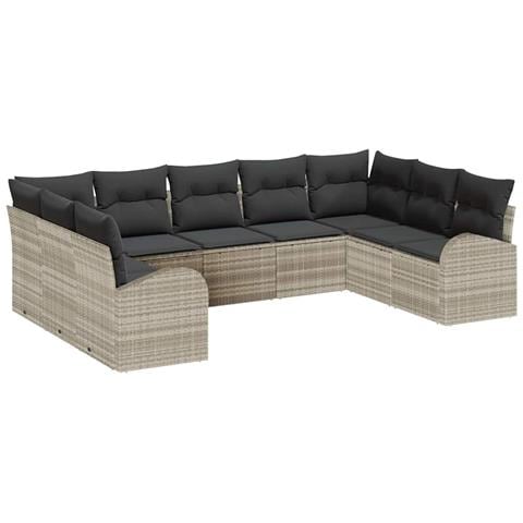 Set Divano da Giardino  9 Pezzi con Cuscini Grigio Chiaro Polyrattan, Divano da Giardino  2 Posti con Spazio di Stoccaggio e Cuscini Grigio Chiaro Polyrattan - Foto 1