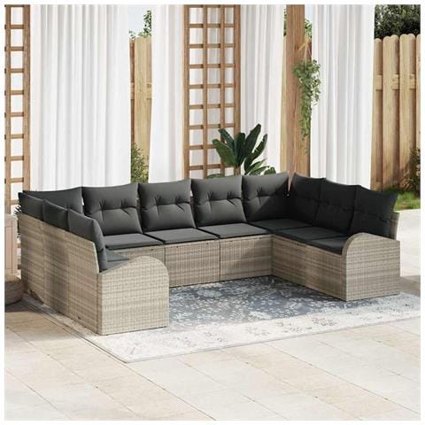 Set Divano da Giardino  9 Pezzi con Cuscini Grigio Chiaro Polyrattan, Divano da Giardino  2 Posti con Spazio di Stoccaggio e Cuscini Grigio Chiaro Polyrattan - Foto 2