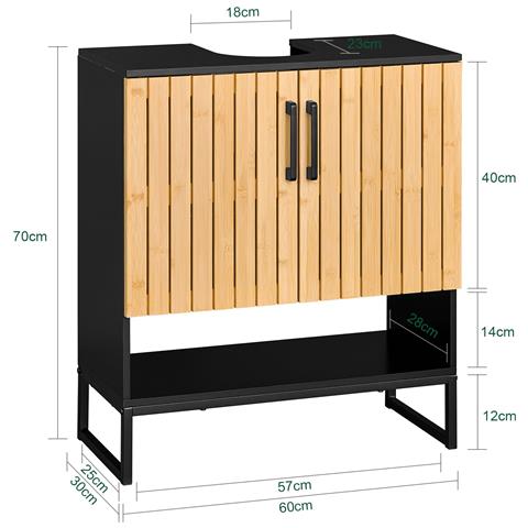 Mobile Sottolavabo Bagno 60 Cm Mobiletto Salvaspazio Con Ante In Bambù E Piedini In Metallo Armadietto Moderno Sotto Lavabo Per Bagno Piccolo Bzr202-sch - Foto 2