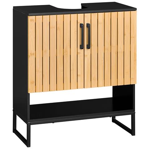 Mobile Sottolavabo Bagno 60 Cm Mobiletto Salvaspazio Con Ante In Bambù E Piedini In Metallo Armadietto Moderno Sotto Lavabo Per Bagno Piccolo Bzr202-sch - Foto 1