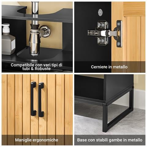 Mobile Sottolavabo Bagno 60 Cm Mobiletto Salvaspazio Con Ante In Bambù E Piedini In Metallo Armadietto Moderno Sotto Lavabo Per Bagno Piccolo Bzr202-sch - Foto 8