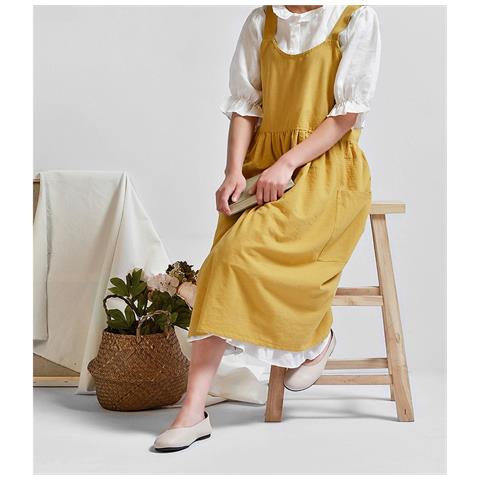 Grembiule Giallo In Cotone - Elegante Grembiule Con Allacciatura Al Collo Per Cucina, Negozio Di Fiori E Lavoro - Foto 1