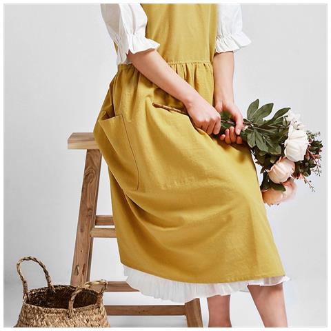 Grembiule Giallo In Cotone - Elegante Grembiule Con Allacciatura Al Collo Per Cucina, Negozio Di Fiori E Lavoro - Foto 7