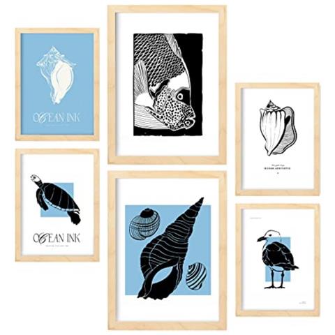 Set Di 6 Stampe Stampe Artistiche Di Conchiglie In Inchiostro Nero Raffiguranti Mare E Oceano Per L'interior Design A3 & A4 Telaio In Legno Chiaro - Foto 1