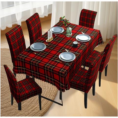 Set Di Tovaglia E Coprisedie Natalizi A Quadri - 7 Pezzi Per Decorazioni Festose - Foto 3