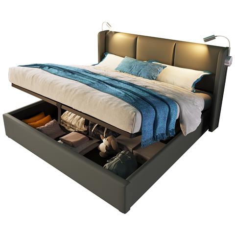 Letto Matrimoniale Con Luce Integrata E Usb In Rivestimento Grigio - Foto 1