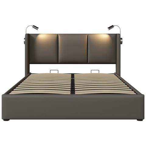Letto Matrimoniale Con Luce Integrata E Usb In Rivestimento Grigio - Foto 3