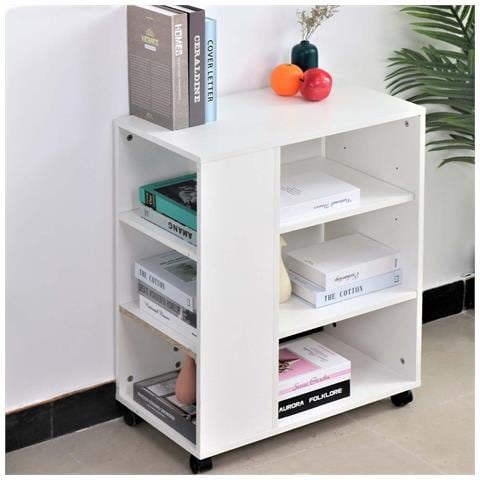 Tavolino Divano Libreria Design Moderno 3 Ripiani Con Ruote 75x35x60 Legno Bianc - Foto 1